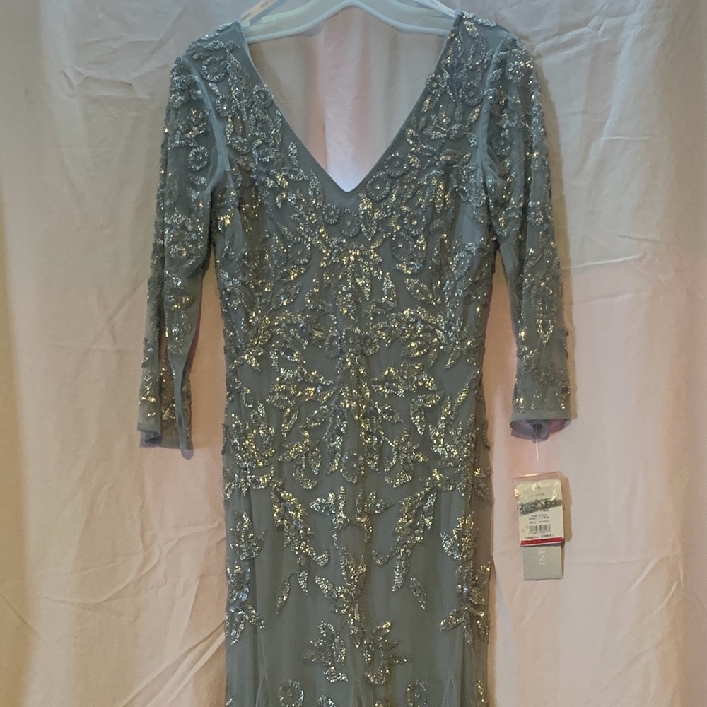 Oleg Cassini Silver Long Sleeve Gown NWT